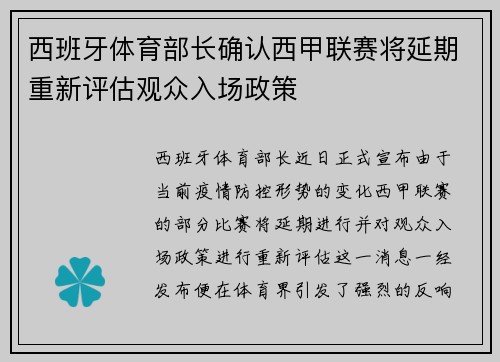 西班牙体育部长确认西甲联赛将延期重新评估观众入场政策