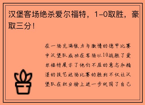 汉堡客场绝杀爱尔福特，1-0取胜，豪取三分！